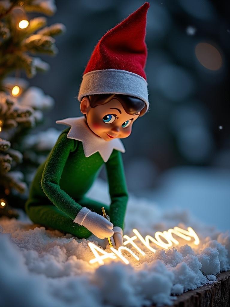 Elf on the shelf in green outfit writes name in snow. The name appears in warm glowing lights. Christmas tree background. Magical winter scene.