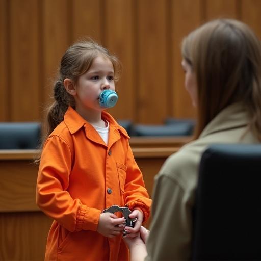 Young girl pretends to be a prisoner wearing an orange jumpsuit. She has handcuffs and appears emotional. A woman acts as the judge. The setting has wooden panels and seating, resembling a courtroom.