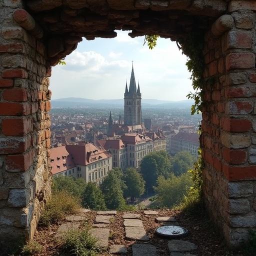 Photo showcasing a historic city viewed through an arched brick window. Towering structures and cityscape visible in the background. Bright sky enhances the scene.