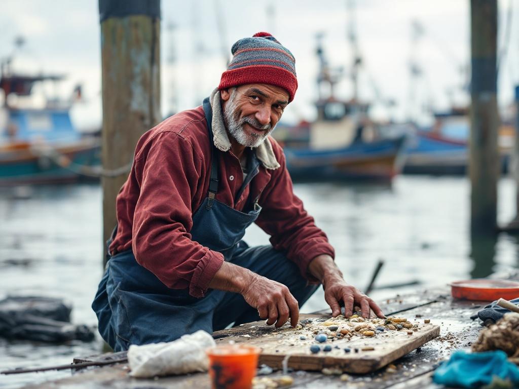 Fisherman working diligently on a dock preparing seafood. Boats in the harbor visible in the background. Capturing the atmosphere of bustling maritime activity.