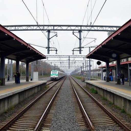 Photograph of a train station during daytime. Overcast sky visible. Two train tracks in foreground. Platform on the right has people standing. One person with a backpack and another with a green jacket. Platform on the left features sign labeled '6 7'. Clock located on platform. Overhead electrical wires visible. Train appears in background. Gravel is present between tracks. Structures have red and gray roofs. White and green train captured. Minimal people present. Urban environment depicted. Modern architecture showcased. Realistic style applied. Wide shot with high angle view. Symmetrical composition observed. Natural light filters in. Slight motion blur captured in image. Metal tracks and concrete platforms identified. Industrial elements present. Everyday life illustrated. Quiet atmosphere conveyed.