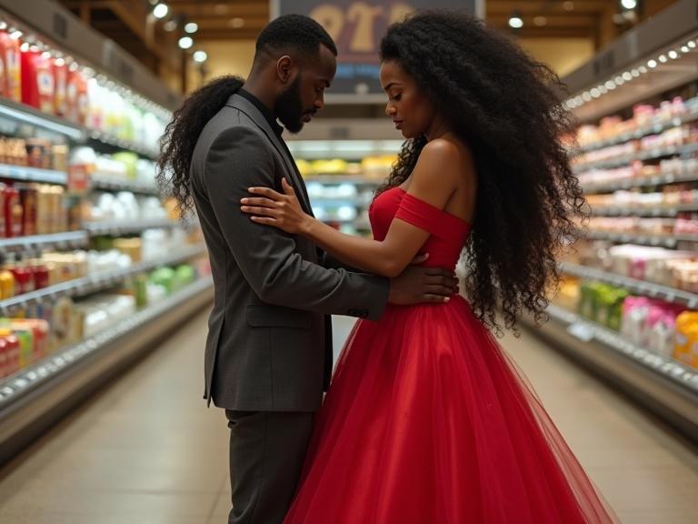 Image captures a couple in a luxurious supermarket. A man in a stylish suit holds his girlfriend close. She wears a stunning red gown with long curly hair. The background features neatly arranged products in bright colors.