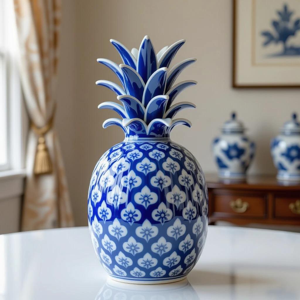 Vase shaped like a pineapple made of blue and white porcelain. Light from nearby window illuminates the vase. Background has elegant furniture and decor elements.