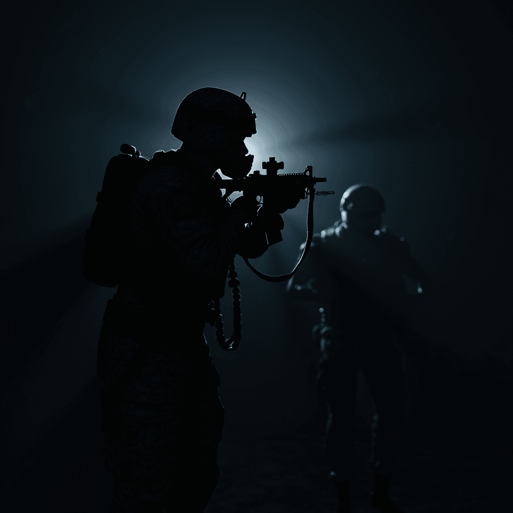 Two soldiers in silhouette carry weapons in a dimly lit environment.