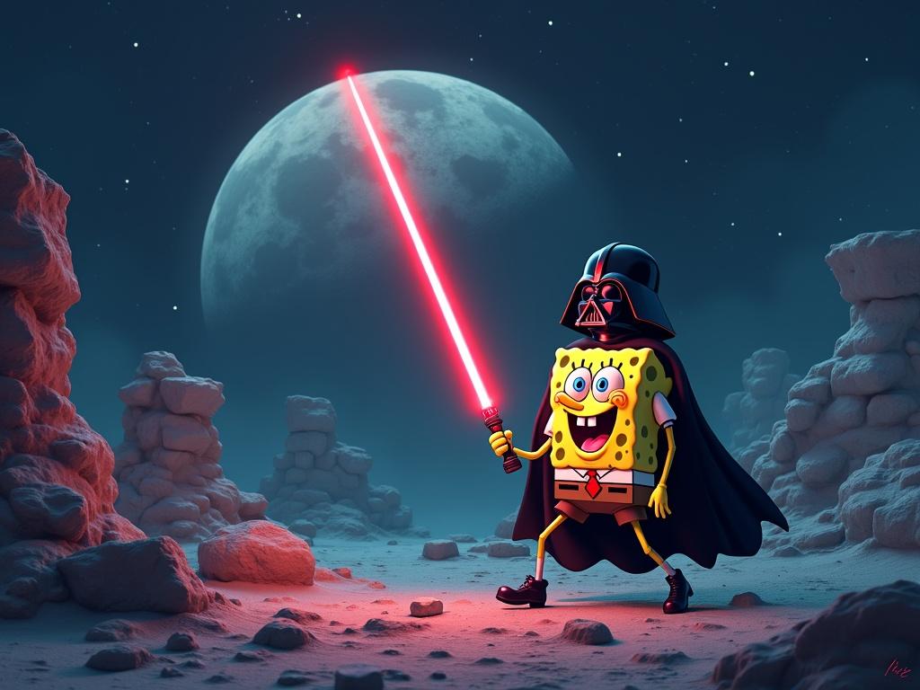 SpongeBob in Darth Vader costume stands on the moon. He holds a red lightsaber and has a joyful expression. The background features a large moon and clouds.