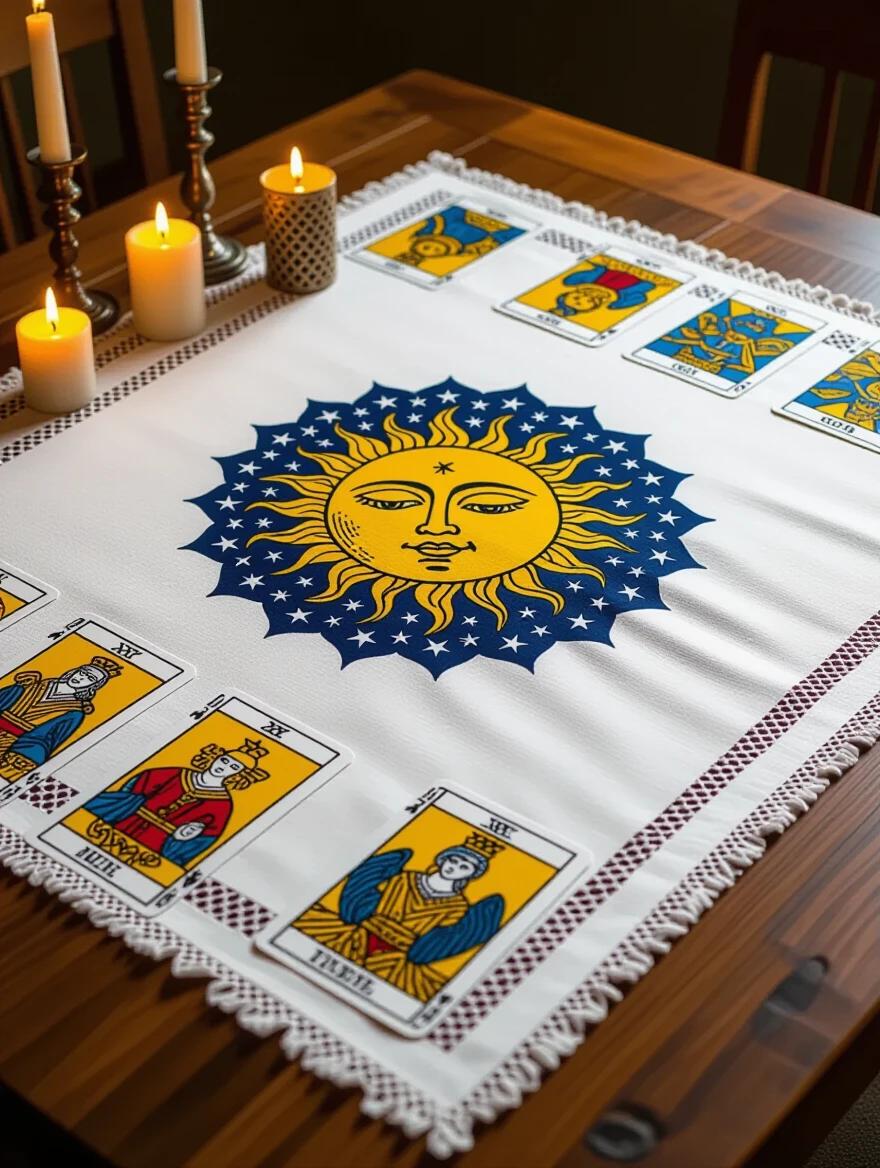 Image of a table with a white tablecloth featuring esoteric symbols of the sun, moon, and stars. Tarot cards from the Rider-Waite deck arranged on one side. Candles and incense placed on the table. The scene evokes a mysterious and professional atmosphere with a realistic 4K quality and good lighting.