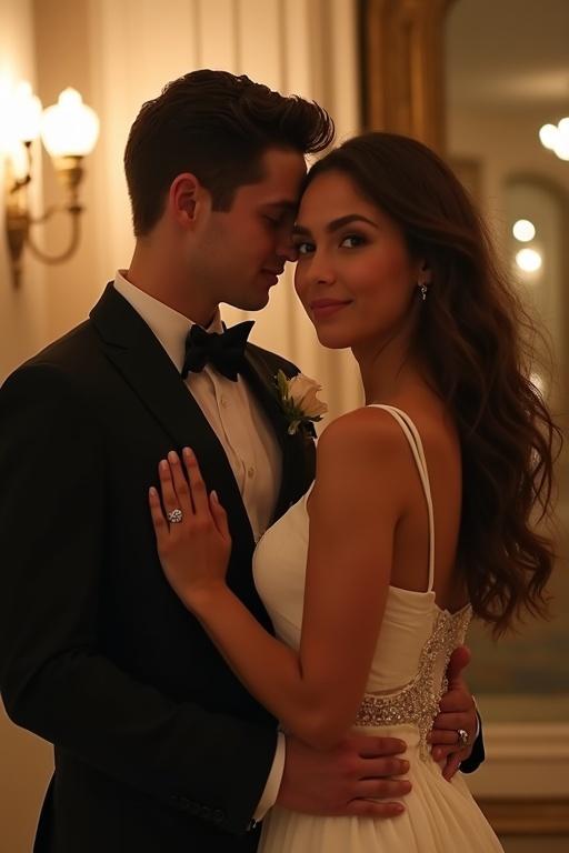 High school couple poses for a prom photo. The girl wears a short ivory spaghetti strap cocktail dress. The setting is elegant with warm lighting. The scene captures a romantic moment.