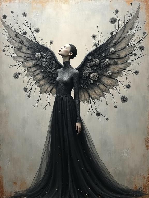 A digital painting of a faceless Fallen Angel. It features sculptural wings made of branches and gradient grey flowers. The angel wears a charcoal high neck dress. The background has abstract silver copper patina. The painting has a textured and fine art style.