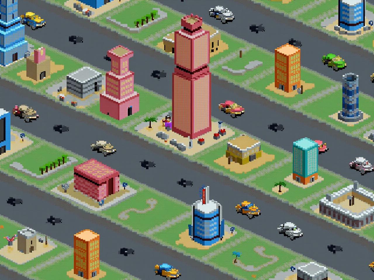 Pixel art representation of a city from a top-down perspective. The city features various buildings in simple, blocky shapes with distinct colors. Parks with small trees are scattered throughout, adding green spaces. Small streets wind between the buildings, with tiny cars depicted as pixel squares. Each structure is unique, showcasing a mix of heights and styles, reminiscent of a vibrant, animated world.