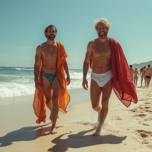 Two men walking on a sunny beach wearing beachwear. Ocean waves in the background. Bright sunny day. Relaxed and enjoying the summer.