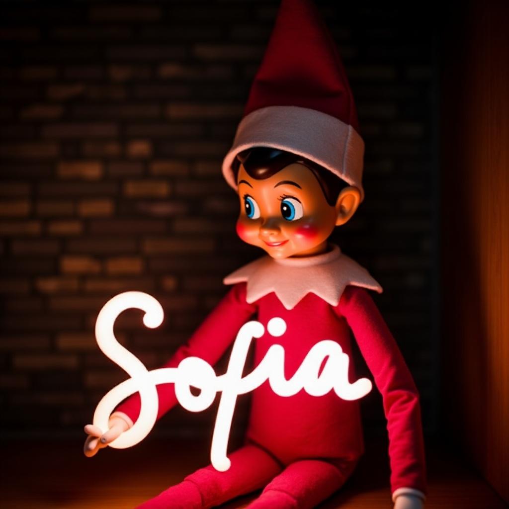 Image features elf on the shelf character. Elf dressed in pink and white attire. Elf holding glow stick forming name Sofia. Dark background enhances glow. Creates warm festive atmosphere. Evokes magic and cheer of holiday season.