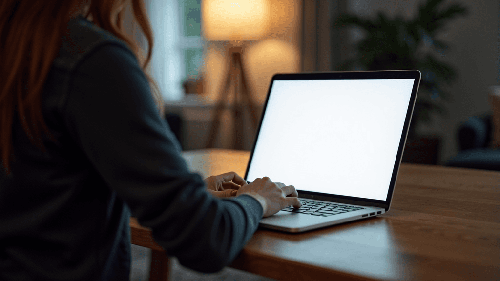 A person types on a laptop with a blank white screen, sitting in a warmly lit, cozy room.