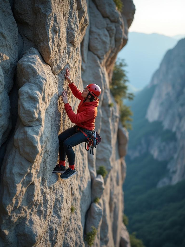 Rock climber scaling a cliff face in a high detail scene. Captured in hyperrealistic style. Shot in RAW format with 8k resolution. Natural landscape in the background.