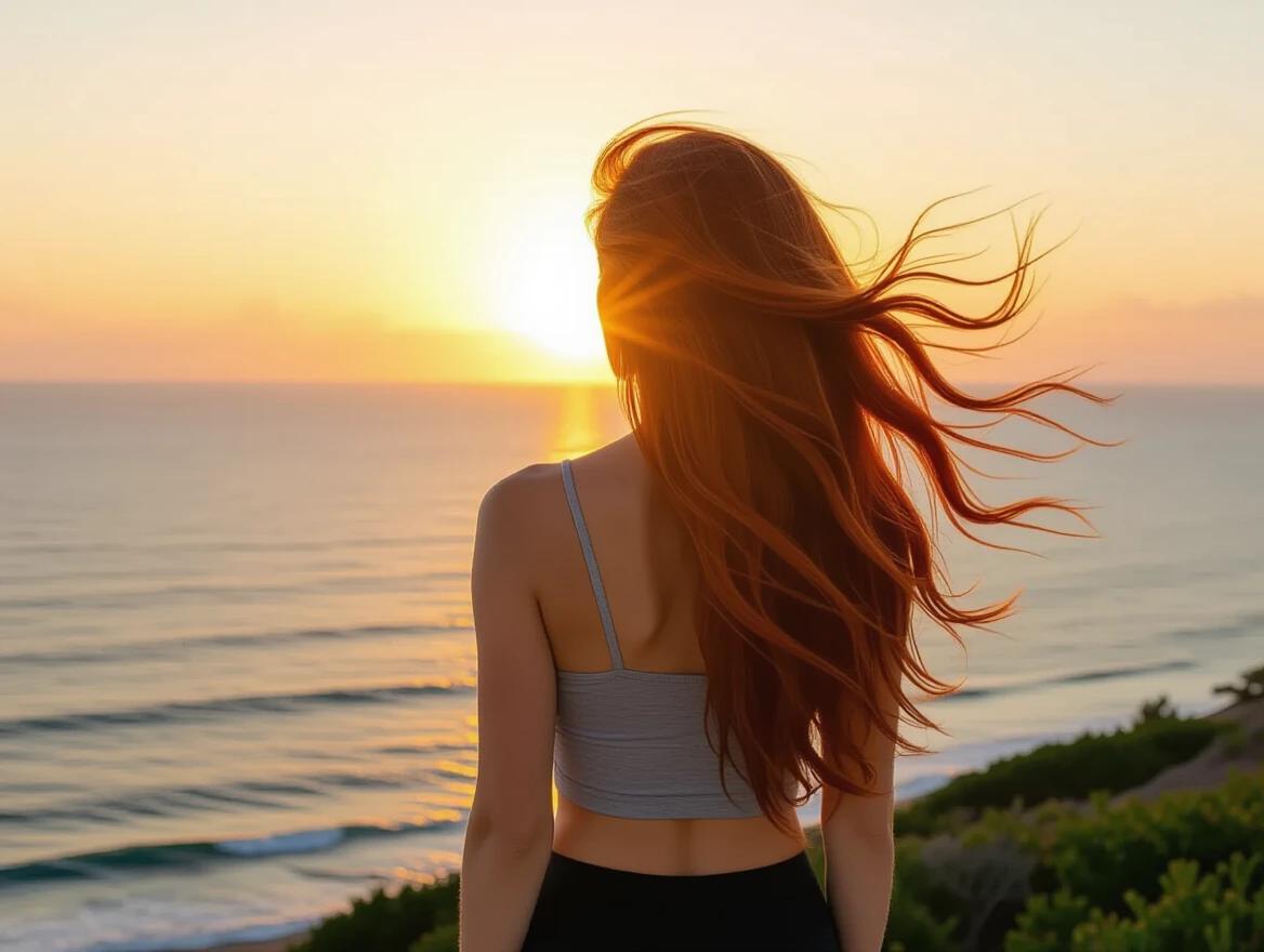 Photo of a woman viewed from behind. Woman has long red hair blowing in the wind. She is watching the sunrise over the ocean. She wears a tank top and leggings.
