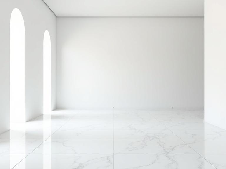 Minimalistic interior of luxury villa floor. Polished white marble tiles. Seamless and reflective. Plain white walls without decorations. No furniture or features. Pristine empty space showcasing floor and walls. Natural lighting. High-resolution modern architecture style.