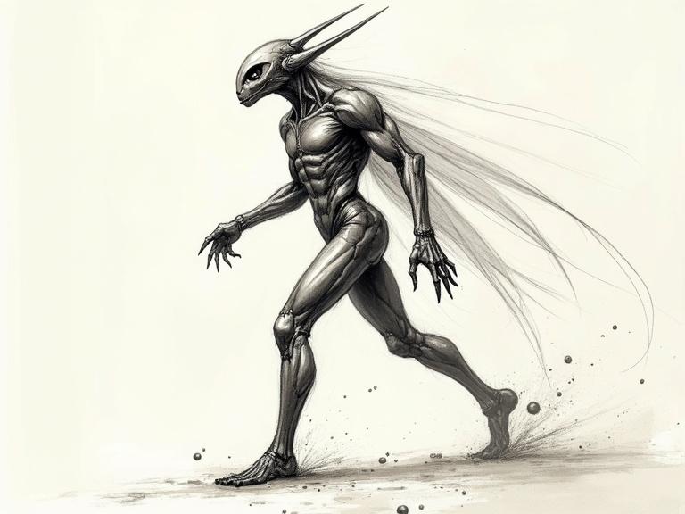 Technical drawing shows humanoid called quickling lord with metallic skin. The character is swift and powerful with an elongated head and unique features. Emphasizes motion and design.