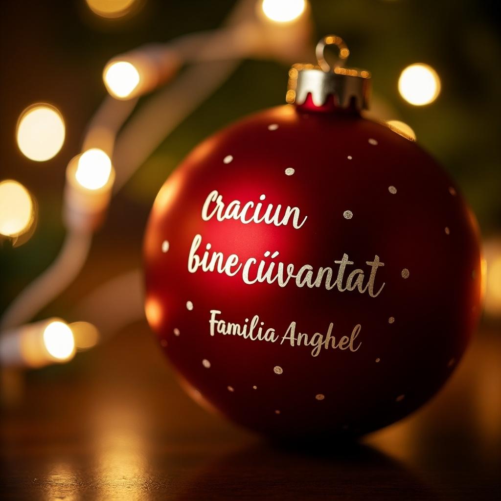 Close-up shot of a red Christmas bauble with decorative text. Bauble reads 'Craciun binecuvantat familia Anghel'. Background features twinkling lights enhancing the festive mood.