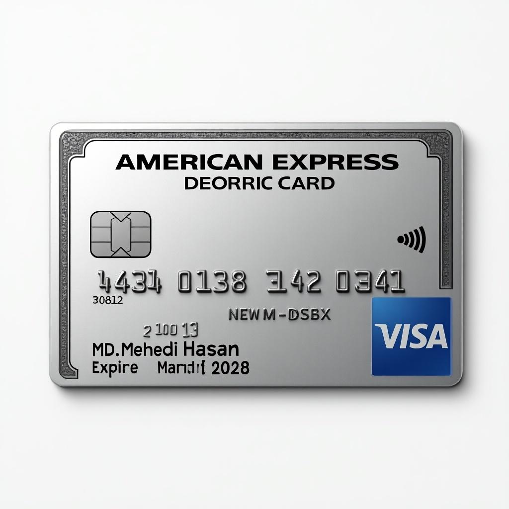 Realistic image of a platinum American Express credit card with Visa logo. Cardholder name MD.Mehedi Hasan. Expiration date March 2028. Silver background with bold black font showcases modern elegance.