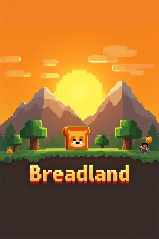 Logo design for Breadland Minecraft server. Features pixel bread character. Pixelated title in a Minecraft-style. Sunset background with mountains and trees. Blocky characters interacting with environment. Bright and playful aesthetic.