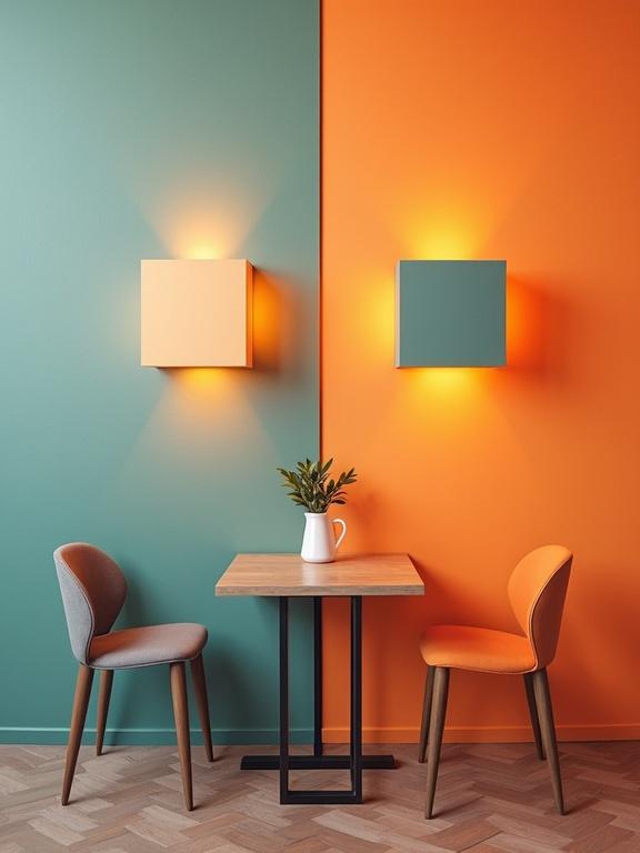An optical illusion featuring two squares of the same color on contrasting walls. One square is against a teal background and the other against an orange background. Each square appears differently in color due to its surrounding hues. The scene includes a small wooden table with two different chairs, enhancing the modern decor aesthetic.