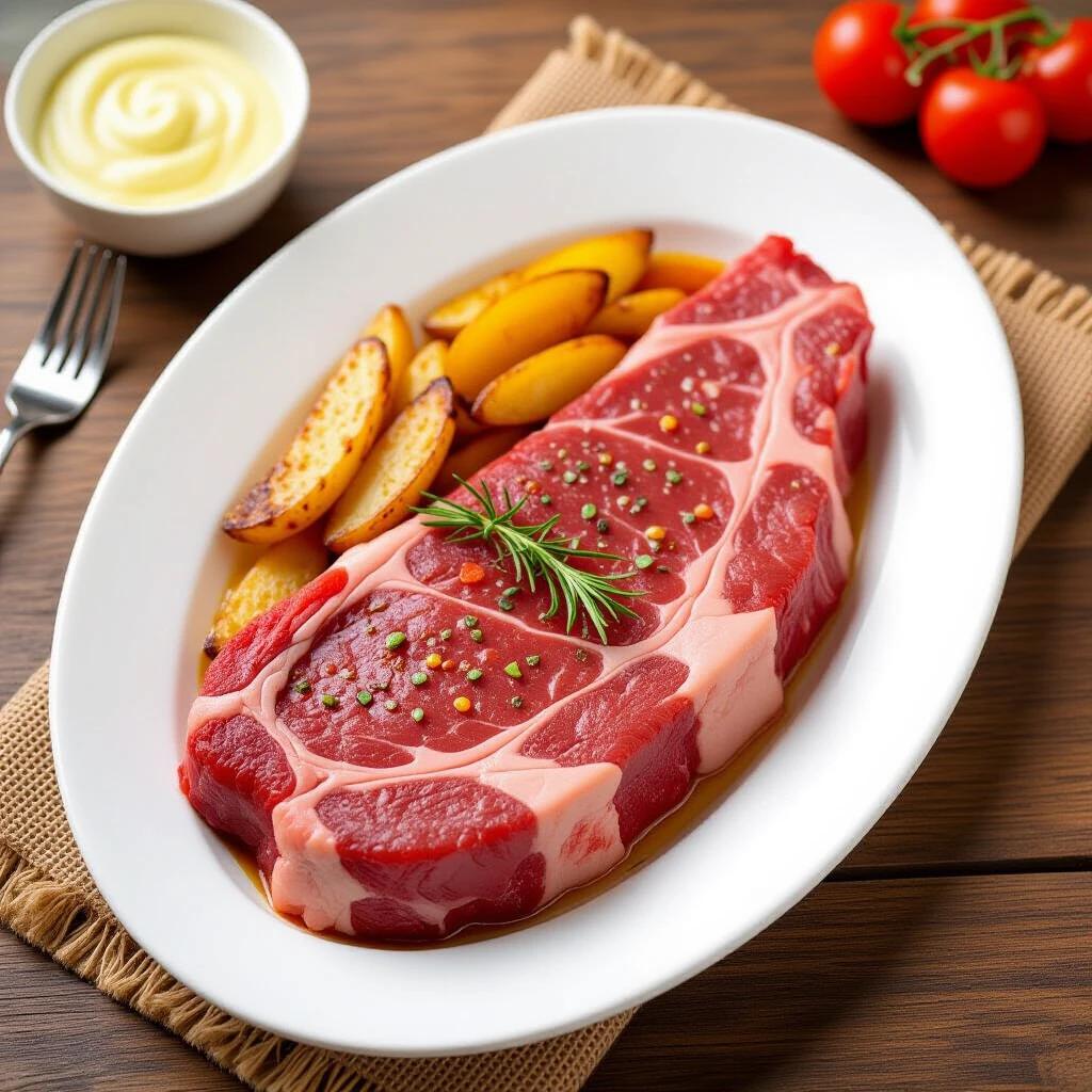 Display a beautifully laid out picanha steak with garnishes. Arrange it on an oval white plate. Serve with roasted potato wedges and fresh tomatoes. Include a small bowl of butter on the side.