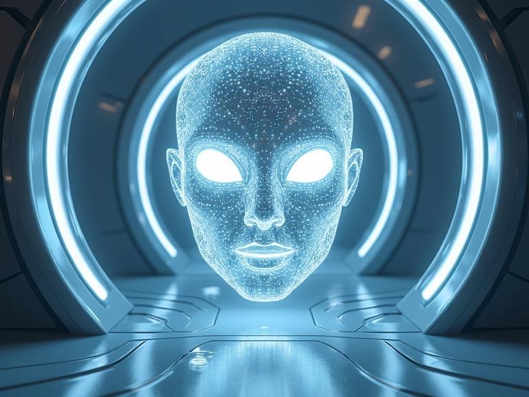 3D holographic display of an alien face with glowing eyes. Sci-fi interior features sleek silver elements with round textures, emphasizing realism with reflections and textures. Dark blue filter adds depth to the scene.