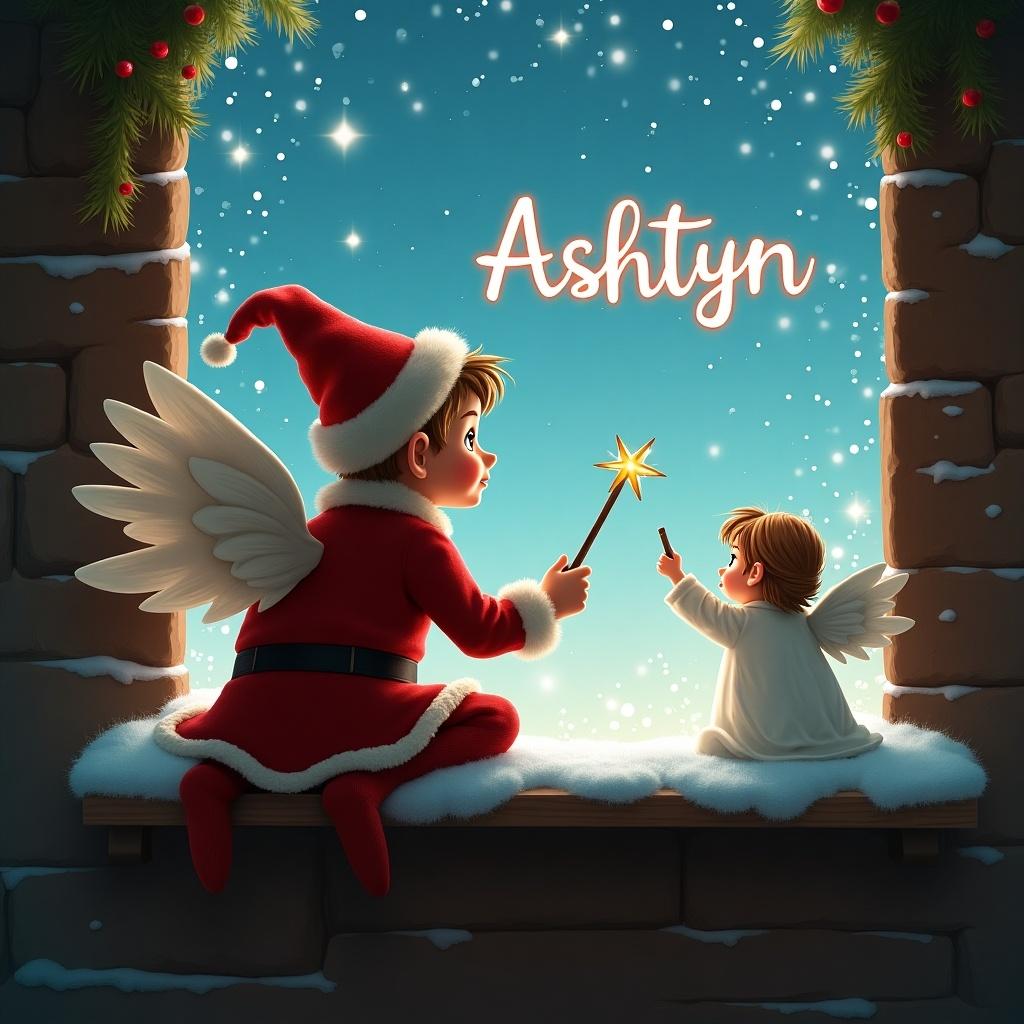 This whimsical illustration depicts a magical Christmas scene. An elf dressed in a red outfit and a hat sits with his back to the viewer, using a wand to elegantly write the name 'Ashtyn' in the air. Beside him, a small angel watches curiously, adding to the enchantment of the moment. The background is filled with soft, twinkling snowflakes and gentle lights, creating a cozy winter atmosphere. The colors are vibrant, enhancing the festive feel of the artwork.