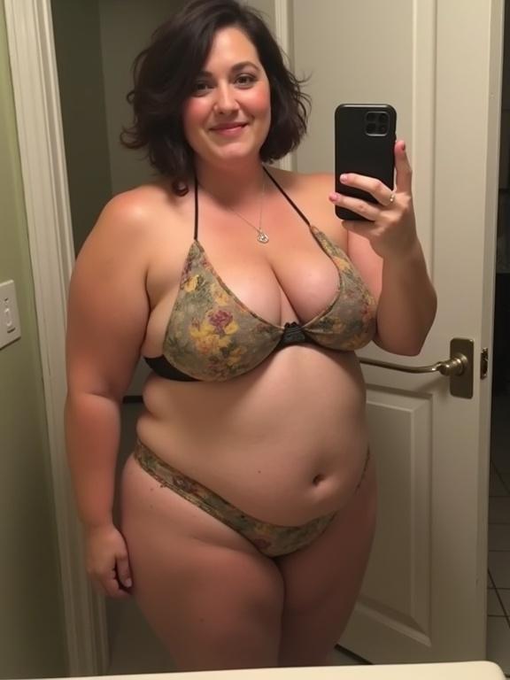 Woman takes a mirror selfie in a bathroom wearing a floral bikini. She is plump with wide hips and short hair. Standing full body pose.