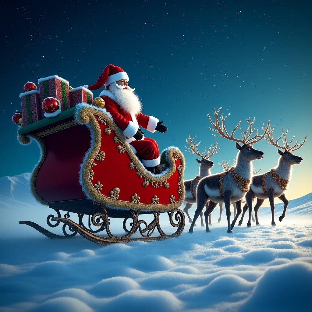 Cinematic image showcasing Santa Claus sleigh during winter. Features Santa Claus with presents in a red sleigh pulled by reindeer. Beautiful snowy landscape and starry sky.