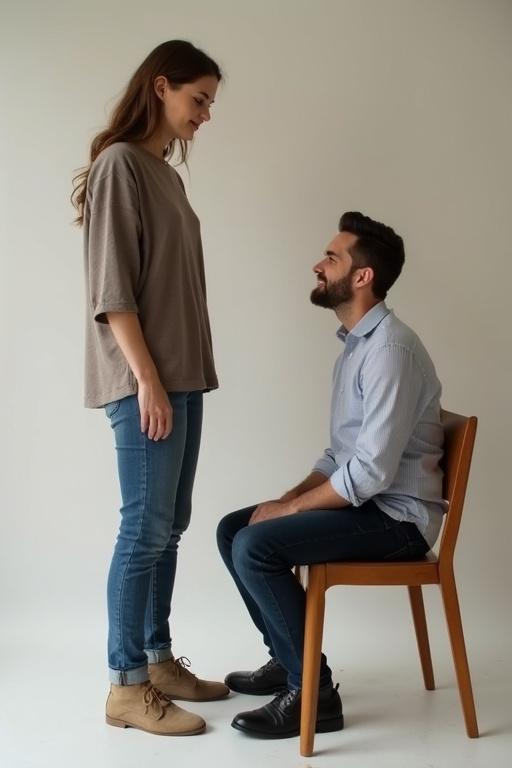 Two individuals interacting with one seated and the other standing. A woman sits on a chair facing a man. He is shorter, making eye contact.