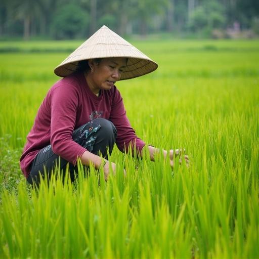 An Indonesian woman is growing rice in a lush green field. She wears a conical hat and is focused on her work in the rice paddies.