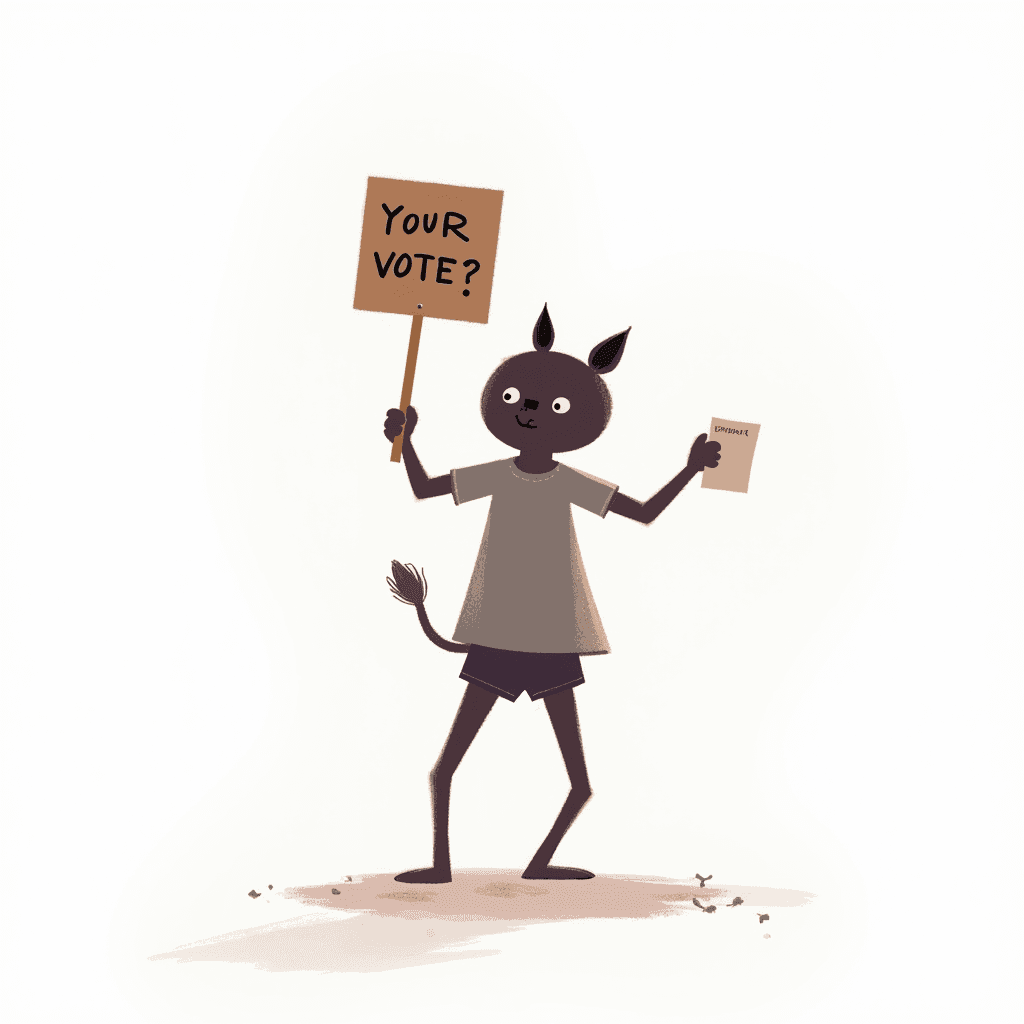 The cat-like creature holds a sign asking for your vote, standing with an envelope.