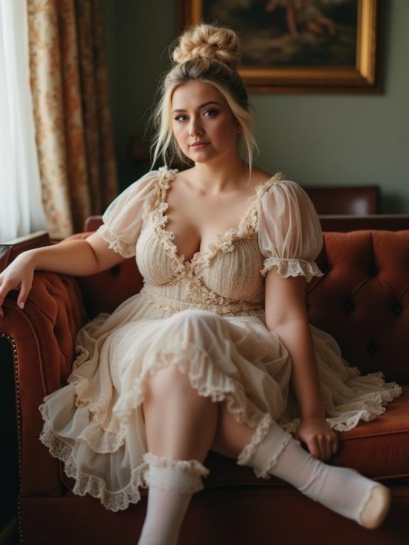 Chubby woman wearing a frilly dress with blonde hair styled in an updo. Sitting on a vintage sofa with crossed legs. Frilly socks and high heels. Displays confidence while looking at the viewer.