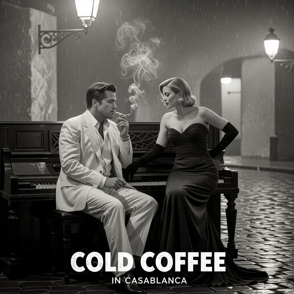 Poster for Cold Coffee in Casablanca. Sepia-toned noir romance style. Features Brad Pitt in a wrinkled white suit and Vanessa Kirby in a backless gown. Characters beside a dusty piano. Rain on cobblestones, Casablanca atmosphere. Contains moody lighting with smoke.