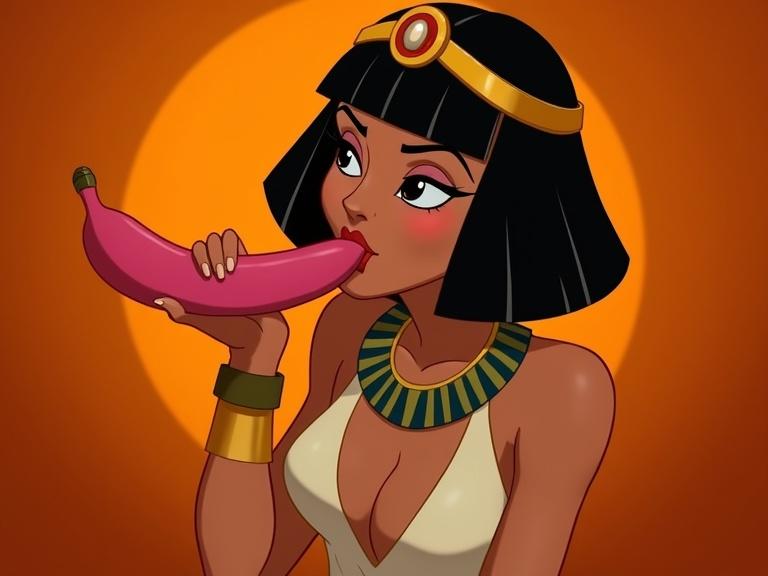 Cleopatra enjoying a pink banana in an elegant pose. The background is orange tangerine with a dramatic theme. Composition is flawless with a Disney character style.