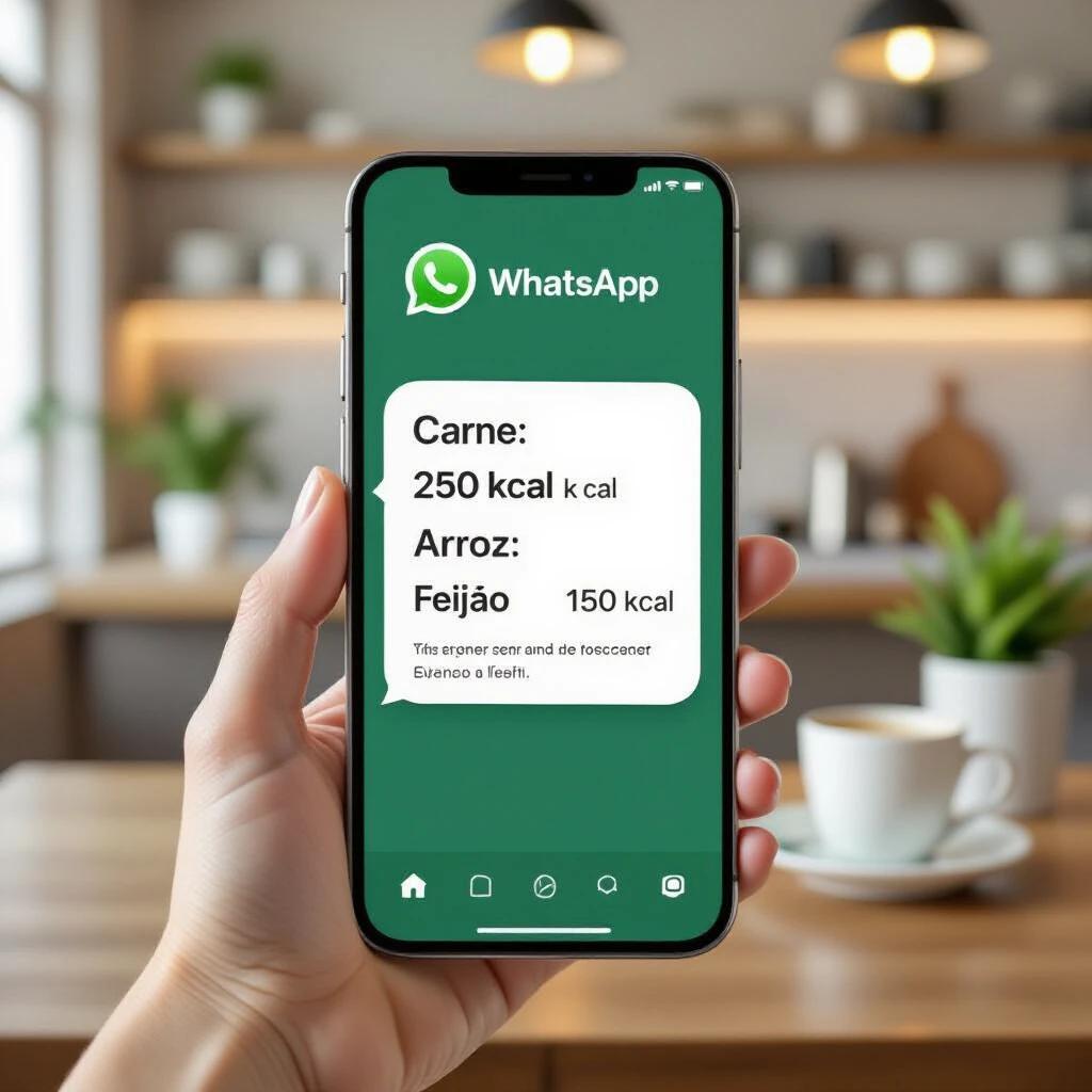 Realistic hand holds smartphone. WhatsApp conversation displayed on screen. Message contains calorie counts for carne, arroz, and feijão. Modern kitchen blurs in background. Bright lighting emphasizes clarity and details. Ultra-realistic style utilized for depiction.
