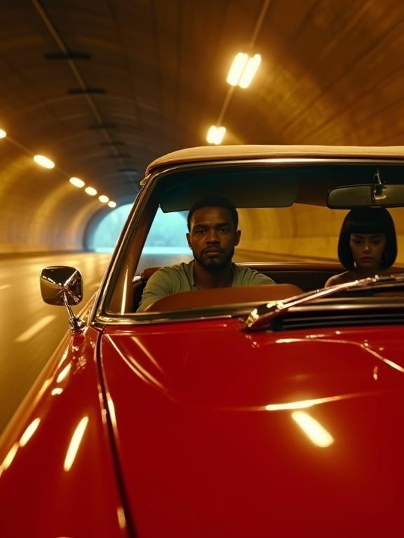 Low-angle tracking shot of a glossy red car driving through a tunnel at dusk. Wet road reflects golden lights. Driver's focused profile with olive skin. Passenger's silhouette seen through the window. Tunnel exit backlights create contrast. Neo-noir color grading and motion blur.