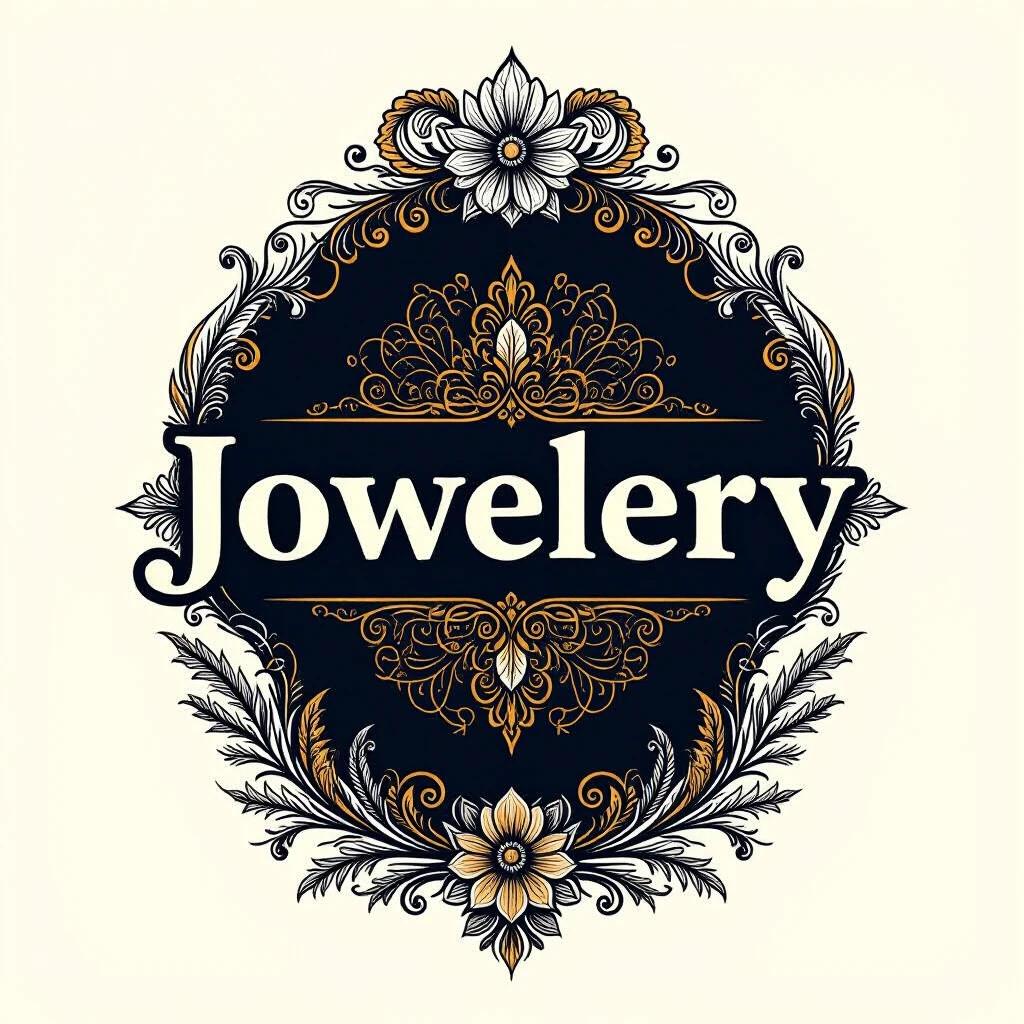 Logo for jewelry business featuring ornate designs. The text 'Jowelery' appears prominently. The design includes decorative elements like flowers and vintage motifs. The color scheme includes black, gold, and white for an elegant look.