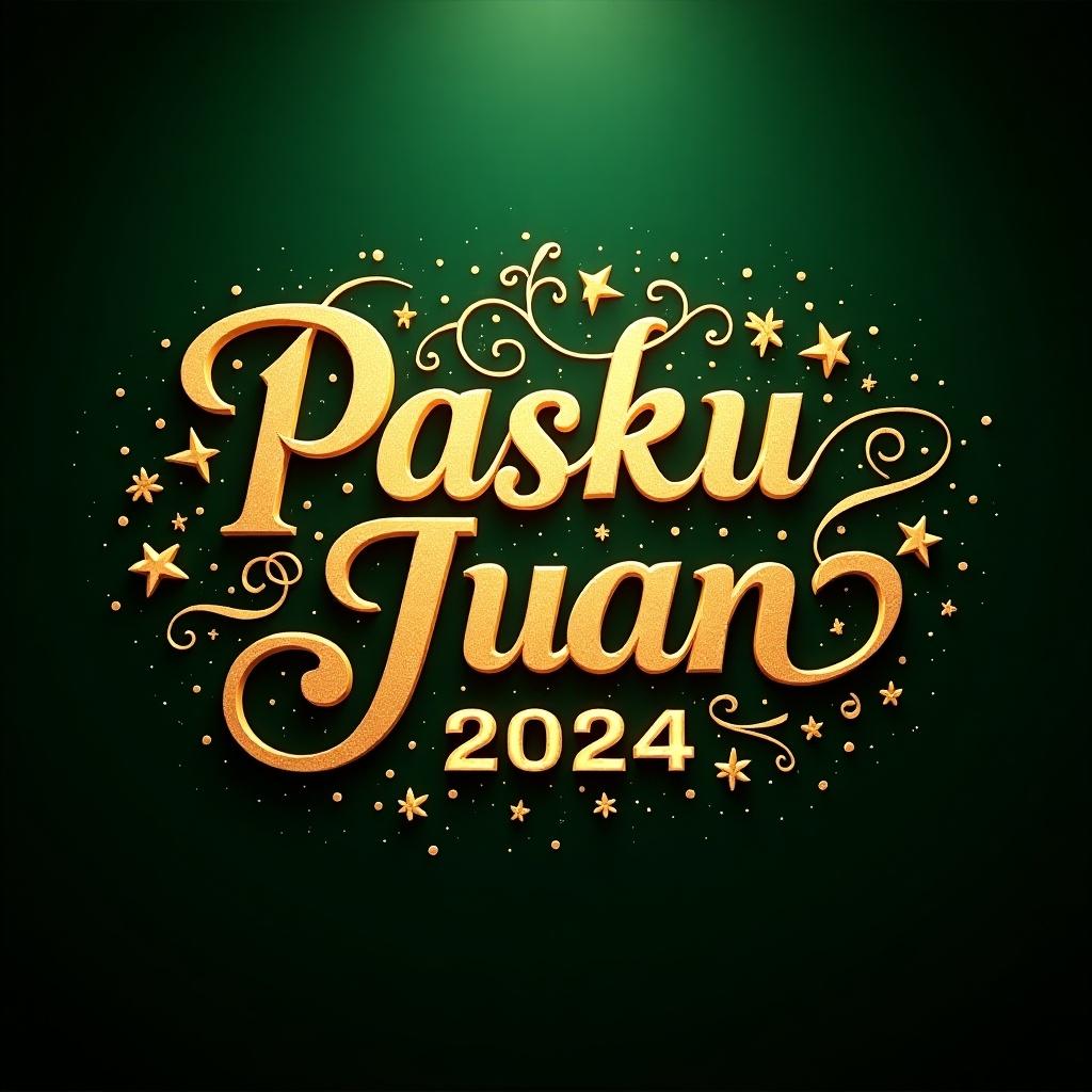 Richly embellished golden lettering for 'PaskuJuan 2024'. Intricate designs set against a dark green background with glowing particle effects.