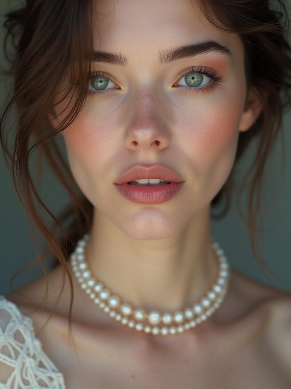 Highly detailed portrait of a woman with striking features. Model wears pearls on collarbone. Eyeshadow has opalescent quality. Lips have a petal-pink hue. Feathers represent brows. Crushed rose quartz adds detail to décolletage.