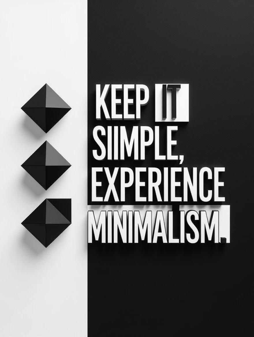 A minimalist image is presented. The left side displays three black geometric shapes aligned vertically on a light grey backdrop. The right and center sections consist of a black background with bold geometric text conveying a minimalist message.
