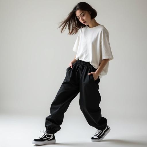 Action shot of young woman performing hip hop dance. Wearing oversized t-shirt and baggy pants. Black and white sneakers. Exhibiting confidence and grace. Dancer in motion capturing attention.