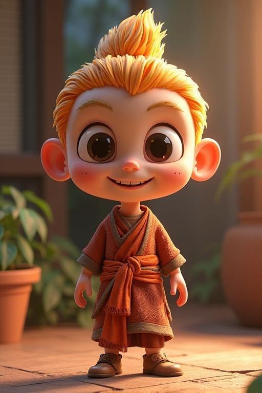 3D animated cartoon character of a child in a traditional outfit. The child has short blond hair, wearing a brown robe, and is standing cheerfully in a room with plants.