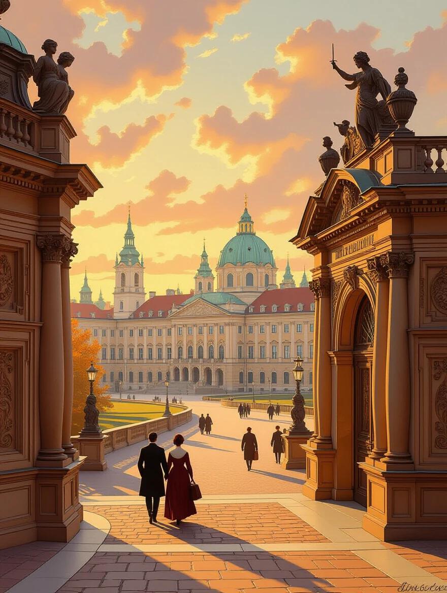 Wide landscape view of imperial palaces in Vienna with a couple walking through regal courtyards. Set in autumn light glowing with soft orange and bronze tones. The scene has baroque architectural detail with a painterly atmosphere influenced by Cluj School and Heidelberg School styles. It offers a romantic historical tone with elegant composition and moody depth.