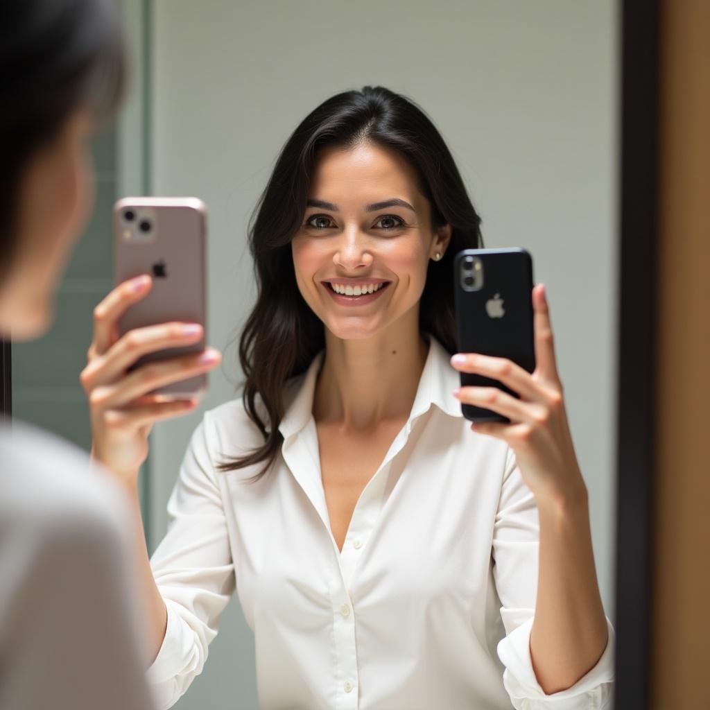 A woman is smiling while taking a mirror selfie in a bathroom. She wears a white shirt and holds two smartphones, one in each hand, as she captures her reflection in the mirror. The image is taken from a 3/4 angle, providing a glimpse of her happy expression. The setting is bright with soft, natural lighting typical for indoor spaces. The scene conveys a sense of casual elegance and confidence.