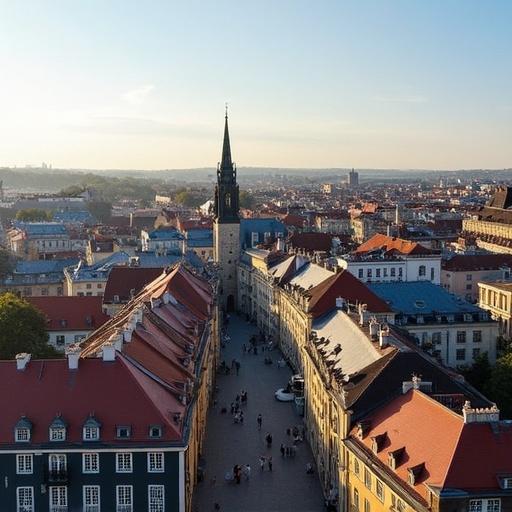 A panoramic view of Toompea in Tallinn. Captures rooftops and skyline with sunset lighting.