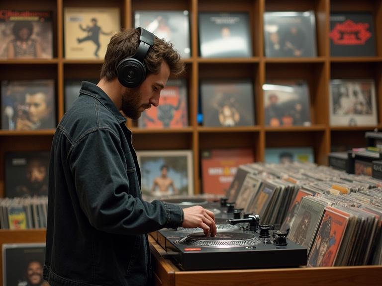 DJ playing vinyl records in a local record store. Wearing professional headphones. Surrounded by vinyl records on display. Enjoying the music.
