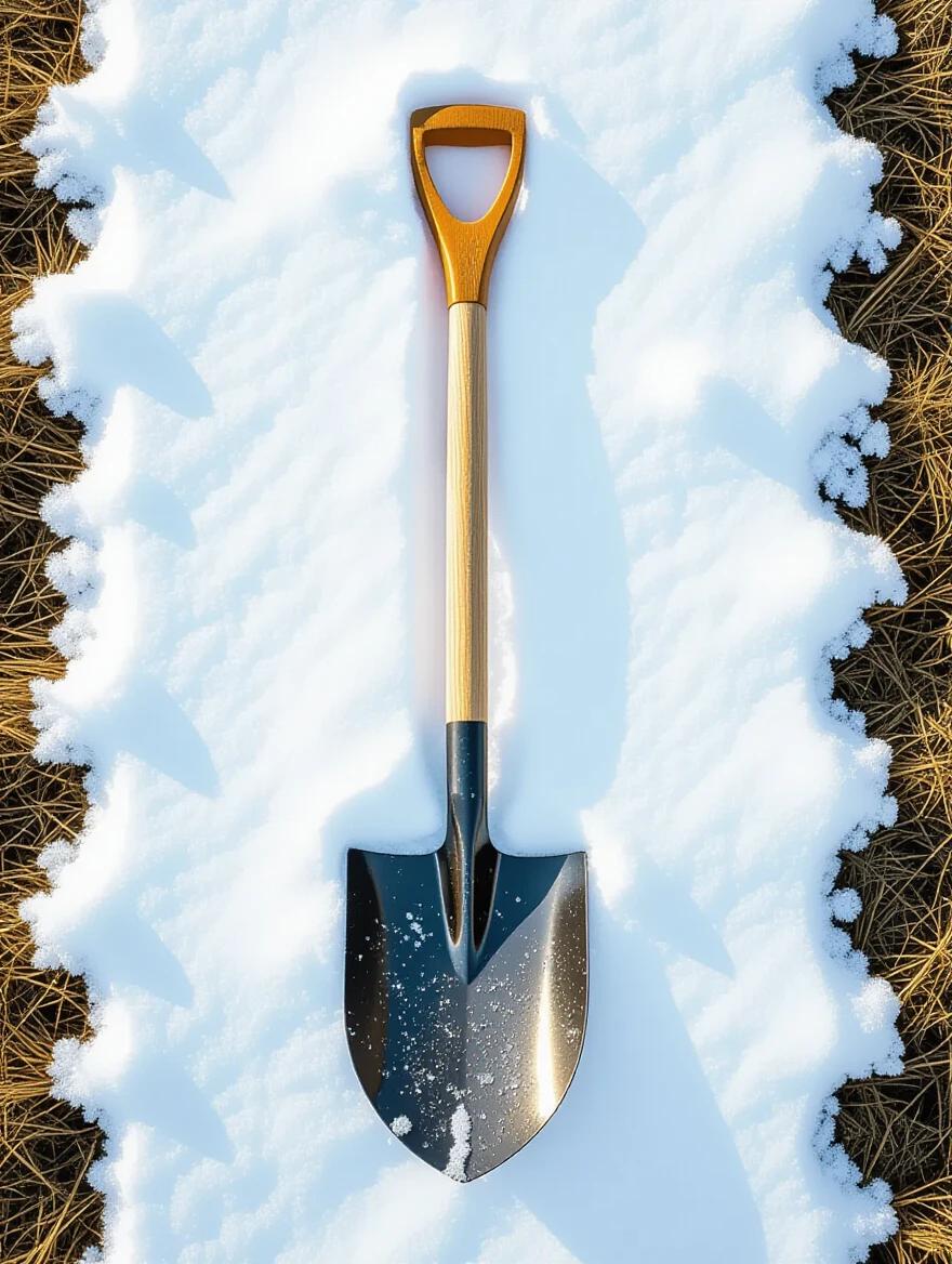 L shaped shovel positioned on snow background. Shovel has a wooden grip and shiny metallic blade. Snow surrounds the shovel, creating a contrasting effect. Natural lighting highlights the shovel's surface. Top-down view captures the detail.