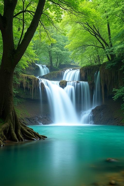 Serene waterfall cascading into a turquoise pool with multiple tiers of falls surrounded by lush green foliage. Partially submerged tree trunks and smooth water surface with rocks and stones. Shallow depth of field and colorful reflections. Photorealistic style with vibrant greens and blues in natural light. Detailed textures create a peaceful atmosphere in a landscape view, shot from slightly below.