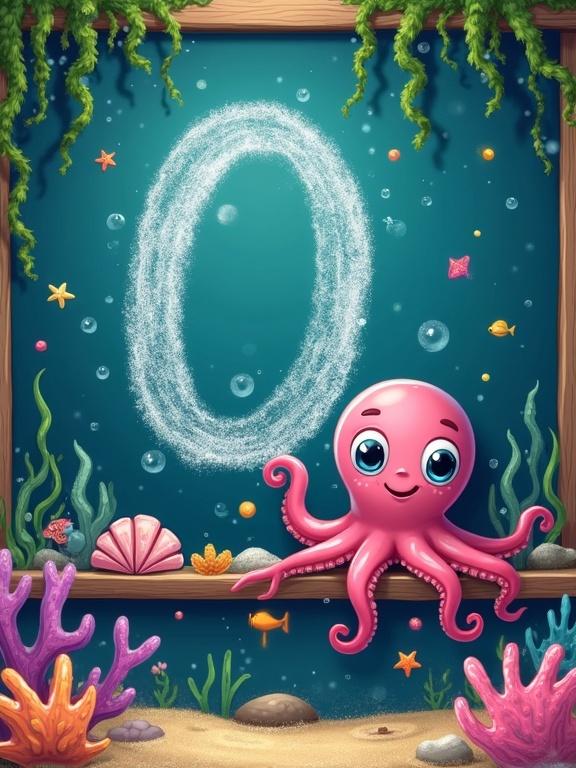 Whimsical underwater-themed cartoon illustration of a deep blue chalkboard. Cheerful letter 'O' drawn in white chalk next to an adorable octopus. Playful grin and curly tentacles. Colorful seashells in the scene. Bubbly chalk outlines, doodles of starfish and coral. Wooden chalkboard frame wrapped in seaweed. Vibrant aquatic colors with glossy highlights.